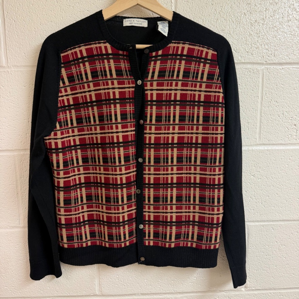 Lord & Taylor Womens Italian Merino Wool Plaid Cardigan Sweater Academia Black M